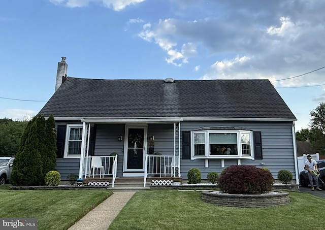 view of front of home featuring covered porch, a chimney, a front lawn, and a shingled roof
