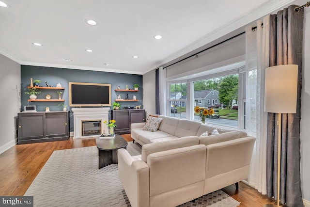 living area with crown molding, a glass covered fireplace, wood finished floors, recessed lighting, and baseboards