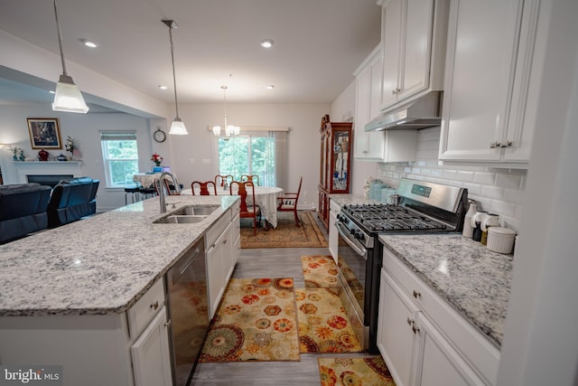8212 Hickory Hollow Dr, Glen Burnie, MD 21060 - kitchen featuring appliances with stainless steel finishes, under cabinet range hood, a sink, light wood finished floors, and white cabinetry