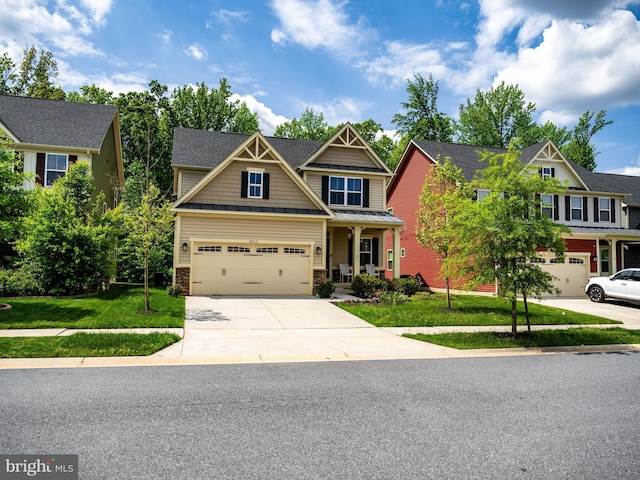8212 Hickory Hollow Dr, Glen Burnie, MD 21060 - craftsman inspired home with driveway, a front lawn, a garage, and stone siding