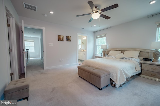 8212 Hickory Hollow Dr, Glen Burnie, MD 21060 - bedroom with light carpet, recessed lighting, baseboards, a ceiling fan, and ensuite bathroom