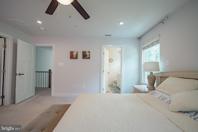 8212 Hickory Hollow Dr, Glen Burnie, MD 21060 - bedroom featuring light colored carpet, baseboards, recessed lighting, connected bathroom, and a ceiling fan