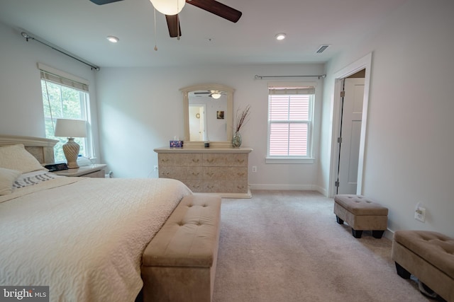 8212 Hickory Hollow Dr, Glen Burnie, MD 21060 - bedroom with light colored carpet, baseboards, ceiling fan, and recessed lighting