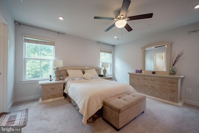 8212 Hickory Hollow Dr, Glen Burnie, MD 21060 - bedroom featuring baseboards, light carpet, recessed lighting, and a ceiling fan