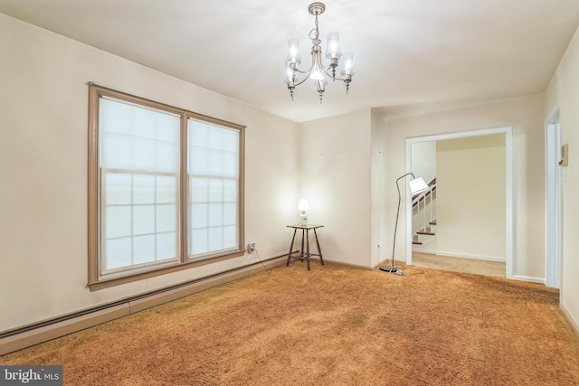 800 Little Shiloh Rd, West Chester, PA 19382 - empty room featuring carpet, a chandelier, a baseboard heating unit, stairway, and baseboards