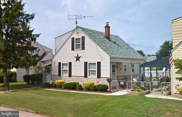 view of front of home featuring a gate, stone siding, a chimney, and a shingled roof