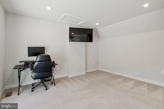 carpeted home office with baseboards, recessed lighting, vaulted ceiling, and attic access