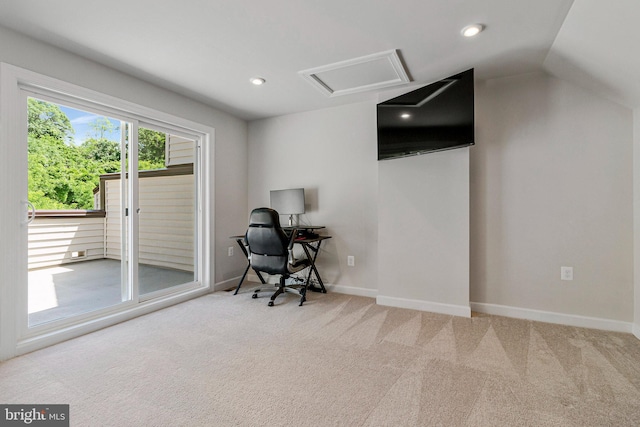 office with carpet floors, vaulted ceiling, baseboards, and recessed lighting