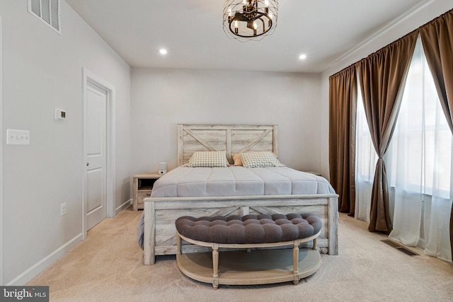 bedroom featuring light carpet, recessed lighting, a chandelier, and baseboards