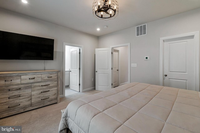 bedroom with light colored carpet, recessed lighting, a chandelier, ensuite bath, and baseboards