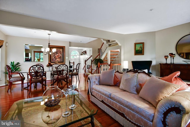 630 Brookedge Ct, Bowie, MD 20721 - living area featuring wood finished floors, stairs, a chandelier, and baseboards