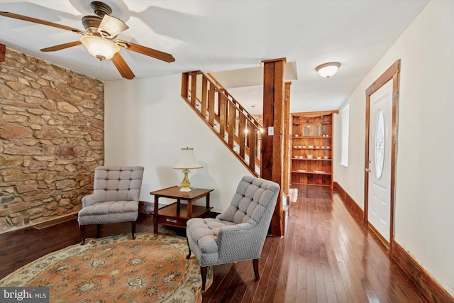 1127 Pawlings Rd, Norristown, PA 19403 - living area with hardwood / wood-style floors, stairs, a ceiling fan, and baseboards