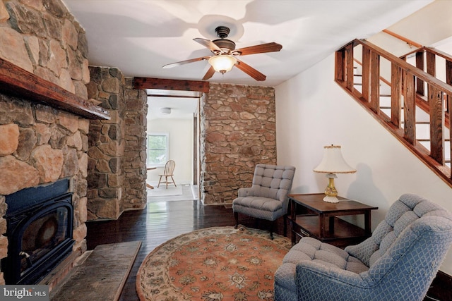 1127 Pawlings Rd, Norristown, PA 19403 - living area featuring stairway, ceiling fan, hardwood / wood-style floors, and a wood stove