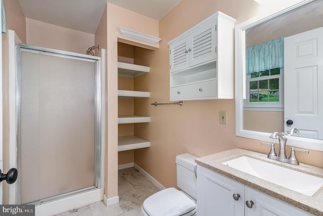 full bath featuring marble finish flooring, a stall shower, toilet, baseboards, and vanity