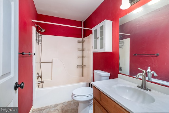 bathroom with toilet, bathing tub / shower combination, and vanity