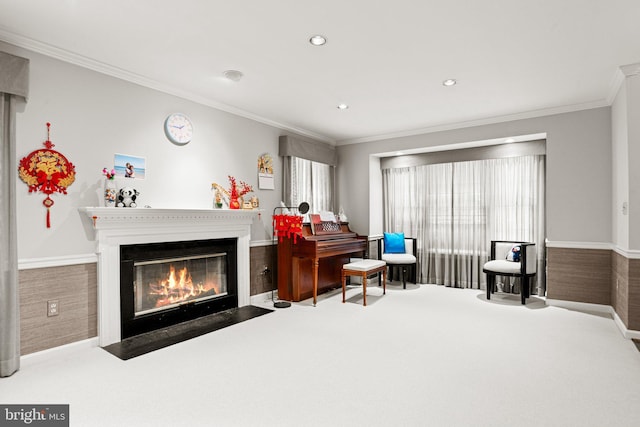 72 Leearden Rd, Hershey, PA 17033 - living area featuring ornamental molding, a fireplace with flush hearth, recessed lighting, baseboards, and carpet flooring