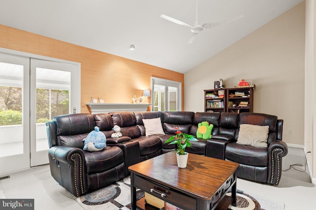 72 Leearden Rd, Hershey, PA 17033 - living room with vaulted ceiling, ceiling fan, and light colored carpet