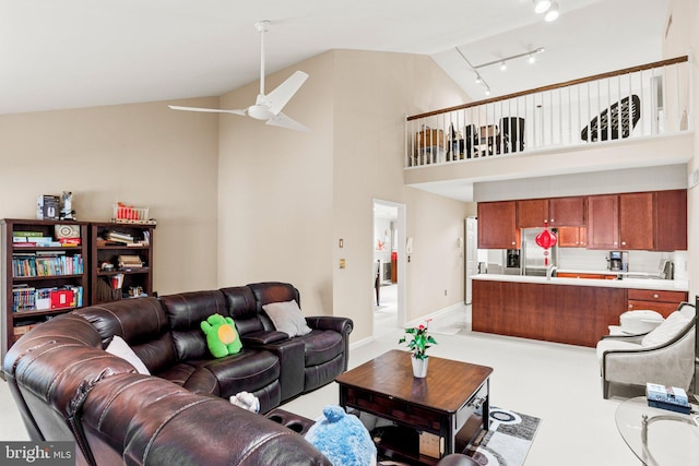 72 Leearden Rd, Hershey, PA 17033 - living area featuring high vaulted ceiling, baseboards, and a ceiling fan