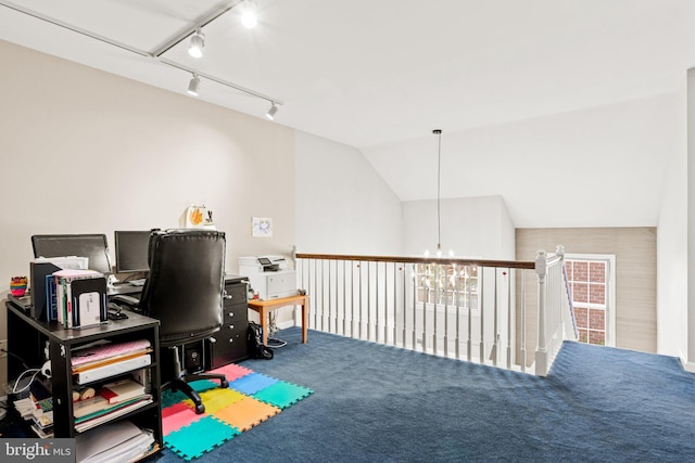72 Leearden Rd, Hershey, PA 17033 - carpeted office space with a chandelier, track lighting, and lofted ceiling