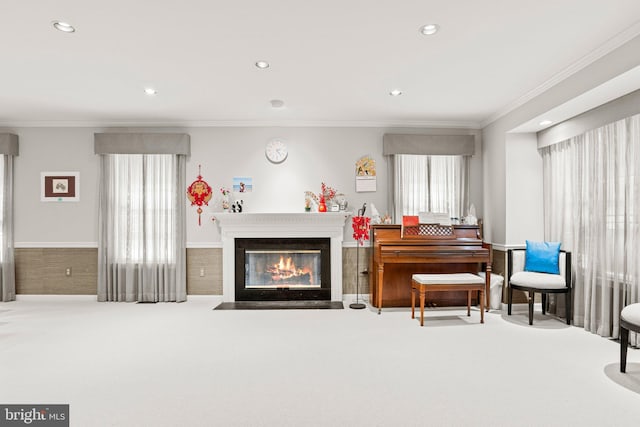 72 Leearden Rd, Hershey, PA 17033 - living area with ornamental molding, recessed lighting, carpet, and a fireplace with flush hearth