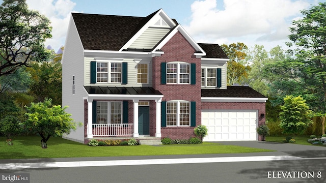 view of front of house featuring covered porch, driveway, a front lawn, brick siding, and an attached garage