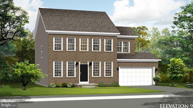 view of front of property featuring a front lawn, driveway, a garage, brick siding, and a shingled roof
