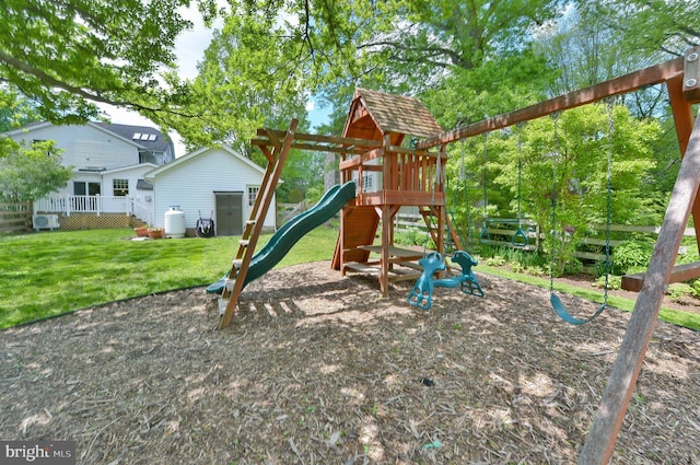 view of jungle gym with a yard