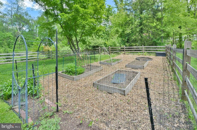 surrounding community featuring a garden, fence, and view of scattered trees