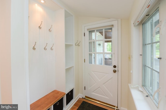 mudroom featuring lofted ceiling