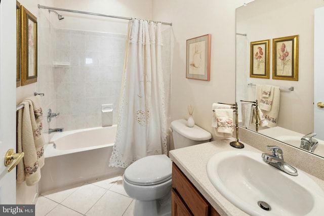 full bath with toilet, tile patterned flooring, shower / tub combo with curtain, and vanity