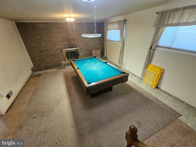 7023 Dolphin Rd, Lanham, MD 20706 - recreation room featuring pool table, a fireplace, and brick wall