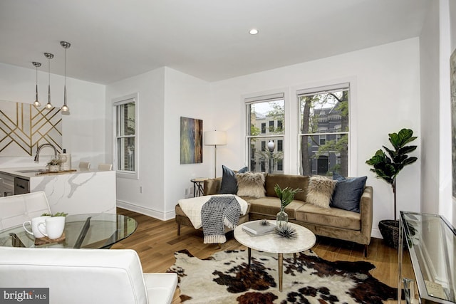 living area with dark wood finished floors, baseboards, and recessed lighting
