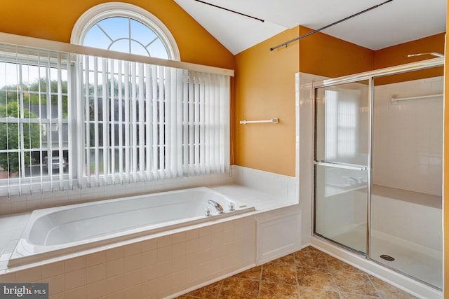 16028 Kings Mountain Rd, Woodbridge, VA 22191 - bathroom with a shower stall, tile patterned floors, a garden tub, and lofted ceiling
