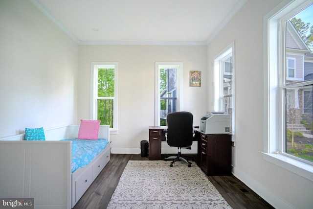 23883 Ebony Eyes Ct, Aldie, VA 20105 - bedroom with multiple windows, crown molding, dark wood finished floors, a desk, and baseboards