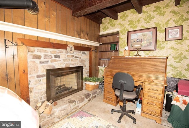 1025 Reihman Rd, Green Lane, PA 18054 - office space featuring beam ceiling, wallpapered walls, a fireplace, and carpet flooring