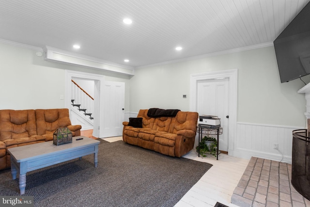 644 Early Dr, Broadway, VA 22815 - living room featuring stairway, wood finished floors, recessed lighting, crown molding, and a wainscoted wall