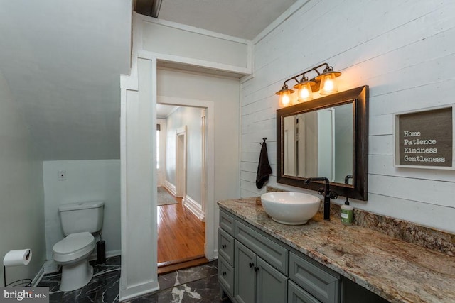 644 Early Dr, Broadway, VA 22815 - bathroom featuring vanity, wooden walls, and toilet