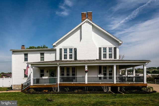 644 Early Dr, Broadway, VA 22815 - back of property with a chimney, covered porch, a standing seam roof, and metal roof