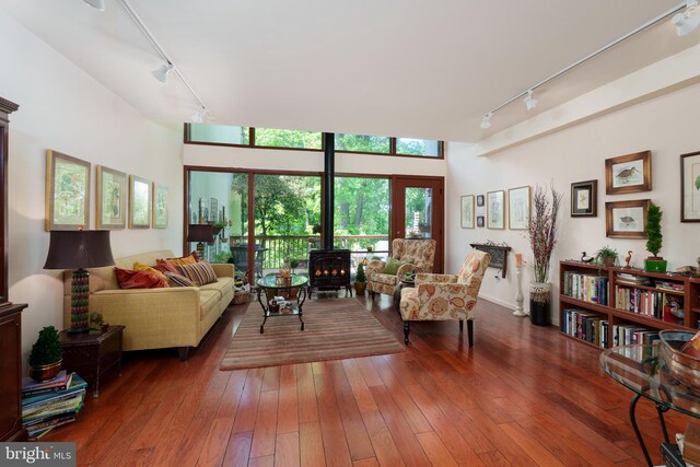 living room with rail lighting, a wood stove, and hardwood / wood-style flooring