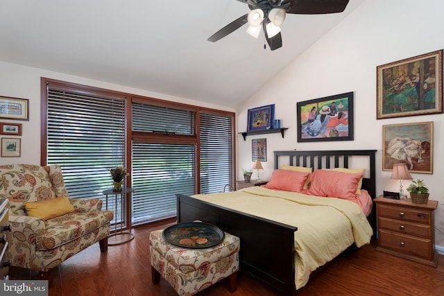 bedroom featuring wood finished floors, access to outside, a ceiling fan, and high vaulted ceiling
