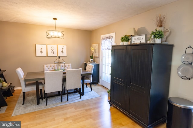 dining room with light wood-type flooring and a textured ceiling