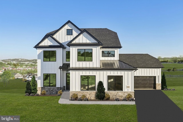 view of front facade with board and batten siding, a garage, a standing seam roof, and stone siding