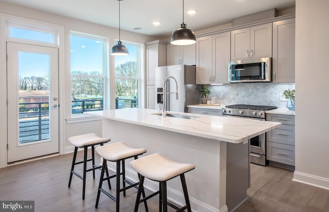kitchen with stainless steel appliances, gray cabinets, a kitchen island with sink, light wood-style flooring, and tasteful backsplash