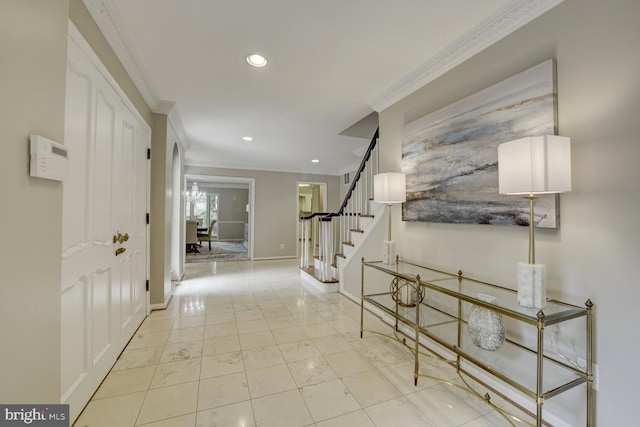 10013 Ormond Rd, Potomac, MD 20854 - hallway with crown molding, stairway, recessed lighting, and baseboards