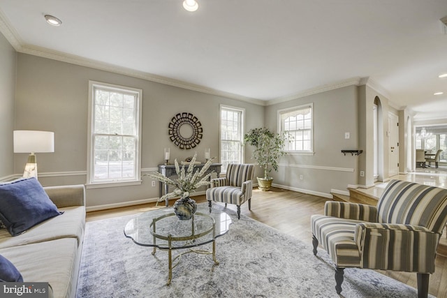 10013 Ormond Rd, Potomac, MD 20854 - living room featuring wood finished floors, ornamental molding, baseboards, and recessed lighting