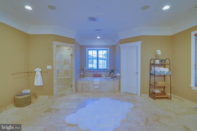 829 Golden Arrow St, Great Falls, VA 22066 - full bath featuring ornamental molding, a garden tub, a shower stall, recessed lighting, and baseboards
