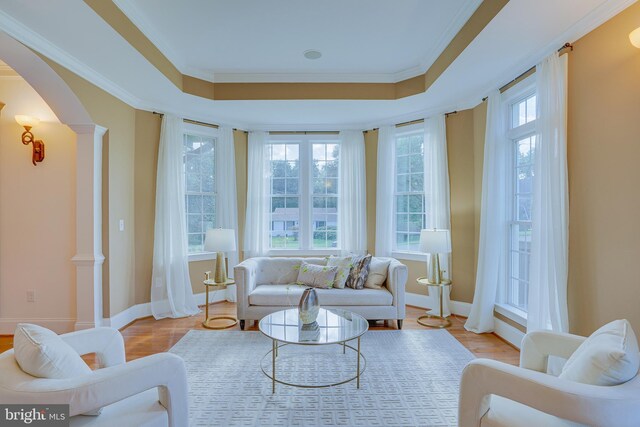 829 Golden Arrow St, Great Falls, VA 22066 - living room featuring arched walkways, ornamental molding, baseboards, a tray ceiling, and wood finished floors