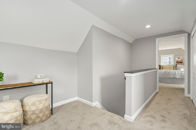 3531 Milford Mill Rd, Baltimore, MD 21244 - hallway with lofted ceiling, an upstairs landing, carpet, baseboards, and recessed lighting