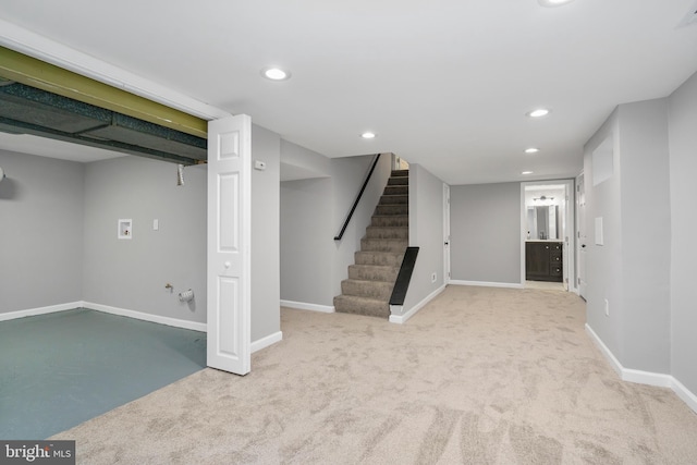 3531 Milford Mill Rd, Baltimore, MD 21244 - finished below grade area with carpet, baseboards, stairway, and recessed lighting
