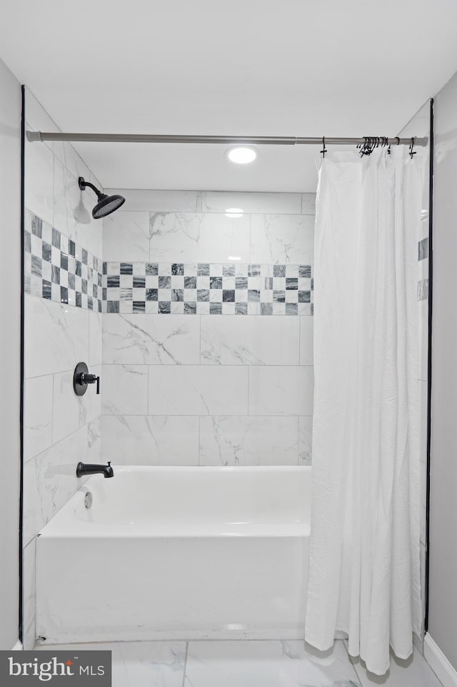 3531 Milford Mill Rd, Baltimore, MD 21244 - bathroom featuring shower / tub combo, marble finish flooring, and recessed lighting